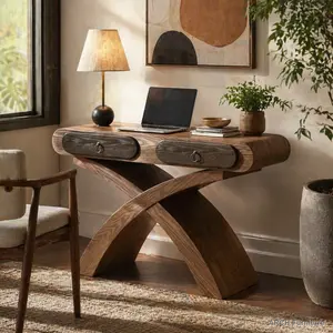 Ashwood Veneered Console Table - Cross Frame, X-Shape Legs, Triangular Support, 2-Handle Drawers, Large Size Surface, Natural Grain, Easy Setup, for Entrance, Living Room
