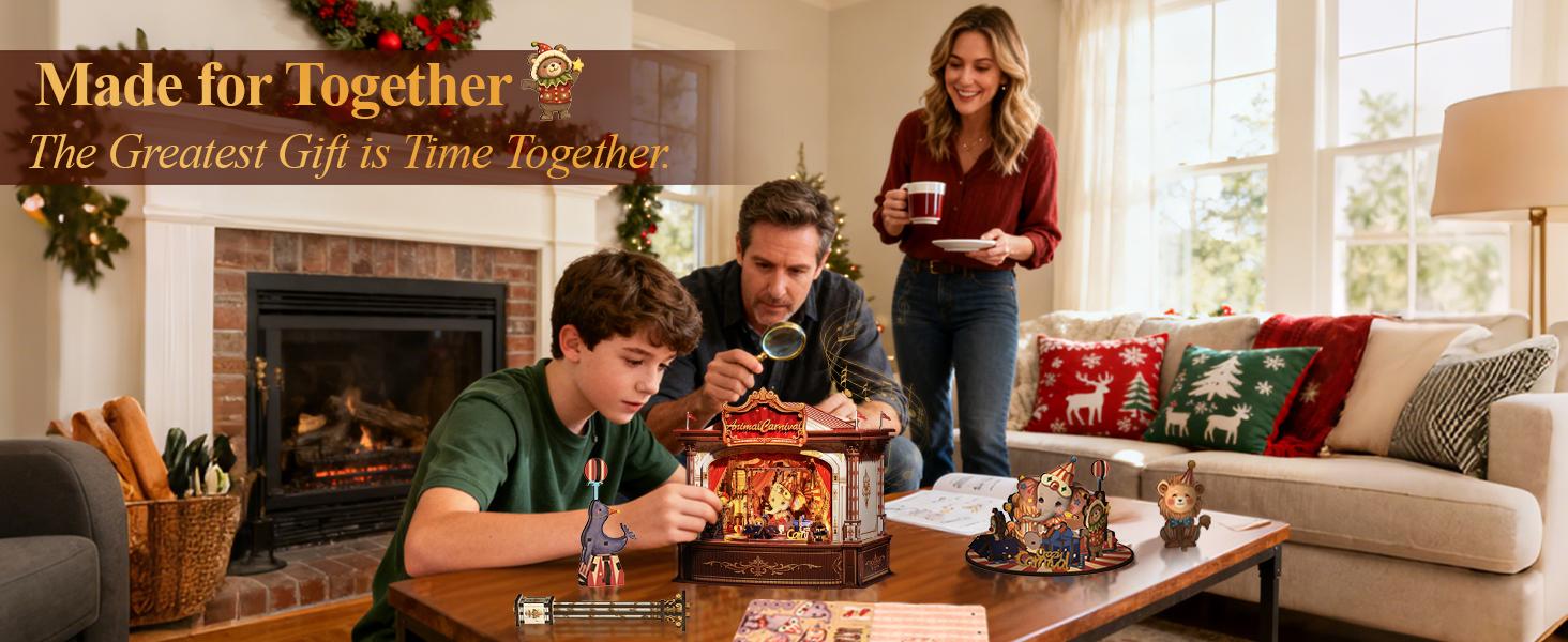 3D Wooden Puzzle Music Box DIY Animal Carnival Theater Kit with LED Light, 413 Pcs Rotating Miniature House Craft Set for Adults, Unique Home Bookshelf Decor, Perfect Birthday & Valentine's Day Gift for Women and Teens