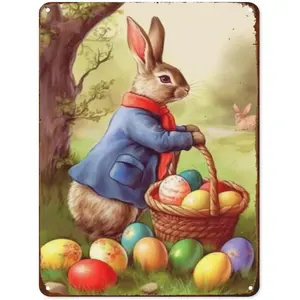 Retro Tin Sign Happy Easter Eggs Metal Sign Rabbit And Easter Egg Signs Wall Decor for Home Club Garage Store Bar Cafe Farm 8x12 Inch