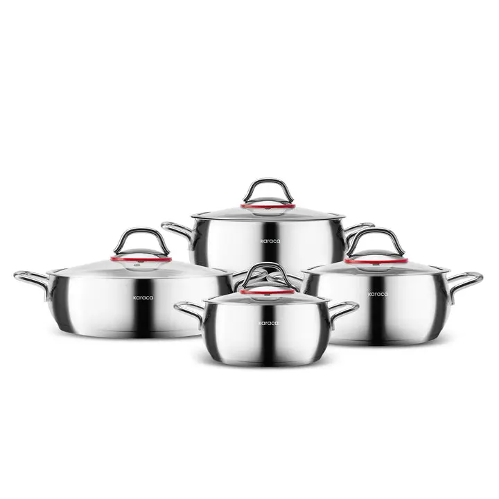 Karaca Emirgan 8-Piece Stainless Steel Cookware Set, Induction Compatible, Silver & Red