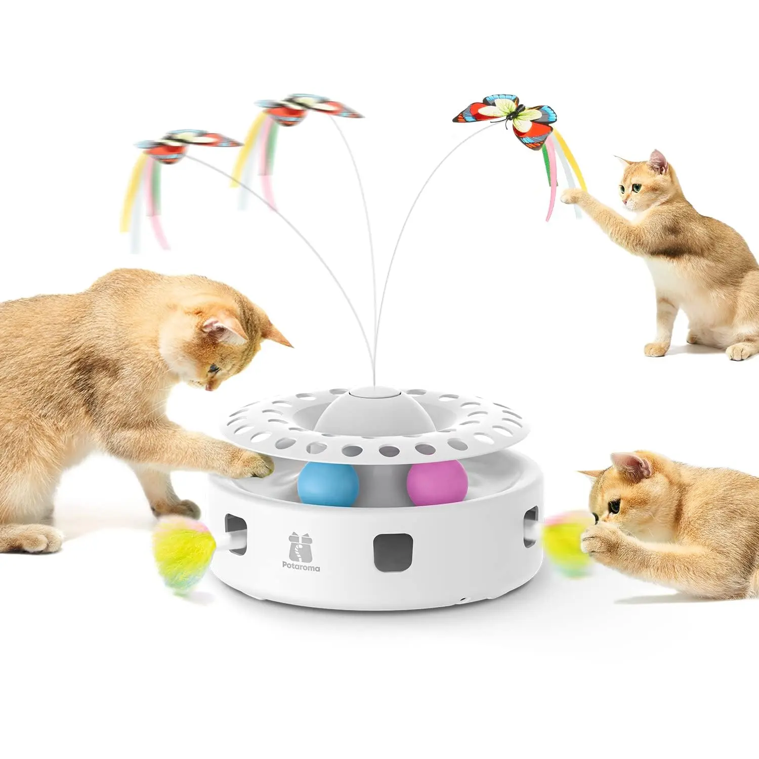 Potaroma Automatic Cat Toys 3-in-1 Interactive Kitten Toy, Fluttering Butterfly, Random Moving Ambush Feather, Track Balls, Dual Power Supplies, USB Powered, Indoor Exercise Cat Kicker #SummerVibes #petlovers
