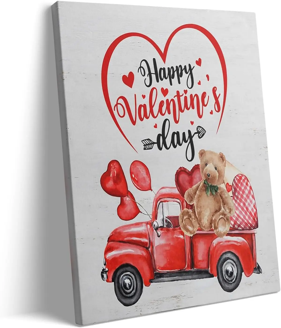 Valentine's Day Canvas Wall Art, Happy Valentine's Day with Red Truck, Teddy Bear, Heart Balloons Print, Inspirational Quote Wall Art Rustic Charm Couple Gift for Valentines Wedding