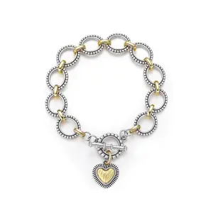 Mytys Chunky Chain Link Bracelet for Women Heart Pendant Textured Toggle Clasp Two-Tone Stainless Steel Durable Stylish Festival Gift