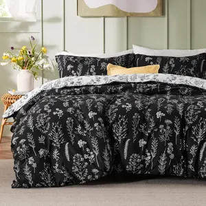 Twin/Twin XL Comforter Set - Black Bed Set, 2 Cute Floral Bedding, 1 Soft Reversible Botanical Flowers Comforter and 1 Pillow Sham