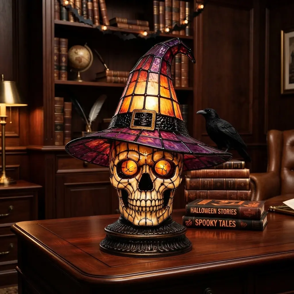 Halloween Skull Witch Hat Lamp - Stained Glass Gothic Desk Light, Spooky LED Table Ornament for Bedroom & Office, Unique Haunted House Decor, Perfect Seasonal Gift for Halloween Enthusiasts, Creative Art Sculpture Mood Lighting