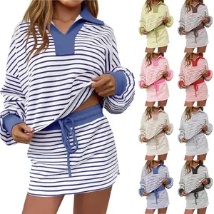 Striped 2 Piece Outfits Casual Sweatshirt Skirt Set Long Sleeve Skort Workout Set Matching Lounge Sets Women's Matching