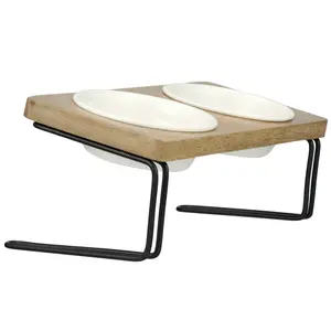 Angled Wooden Pet Feeder with Ceramic Bowls - 15-Degree Angle for Comfort & Digestion - Ideal for Cats & Small Dogs - Raised Feeder Protects Cervical Spine - Lead-Free, BPA-Free, Dishwasher-Safe - Feeding