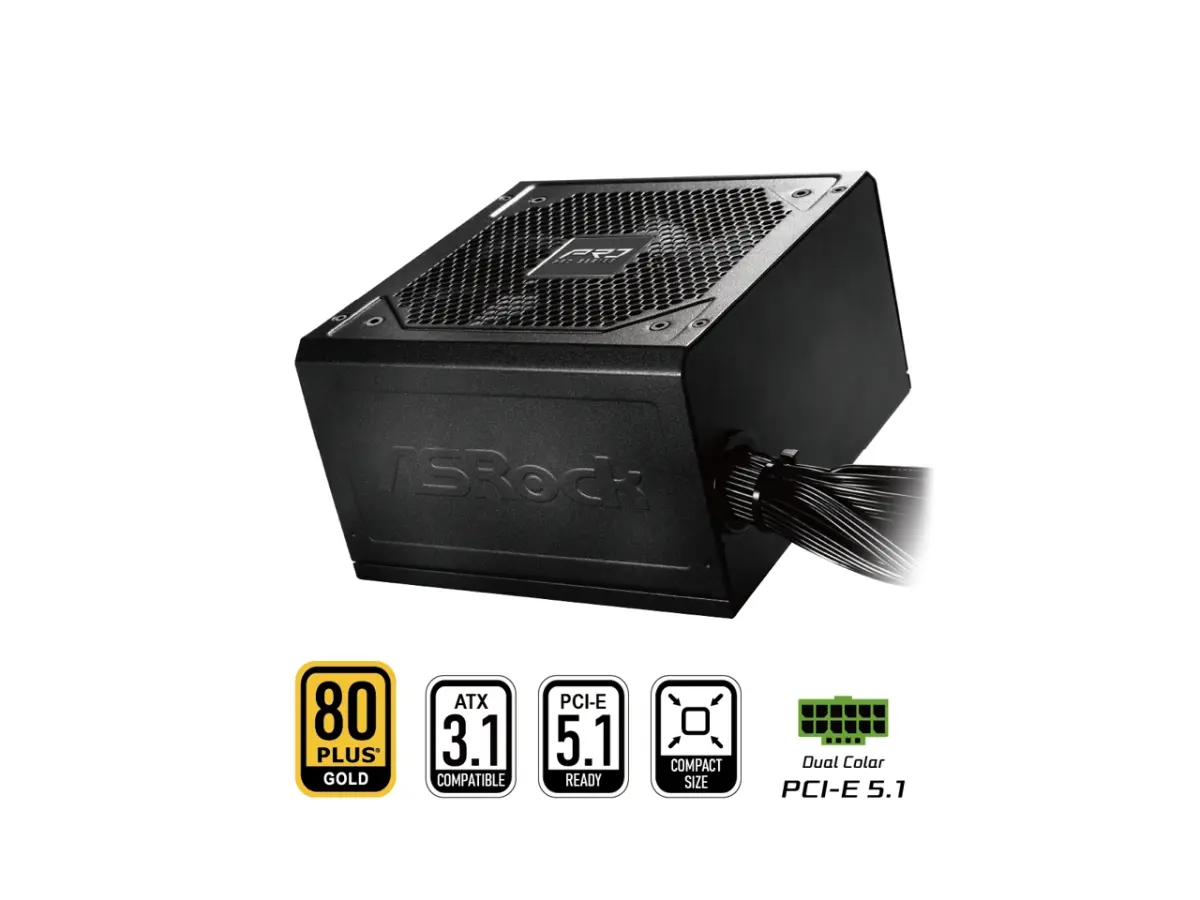 ASRock PRO Series PRO-750G 750W ATX 3.1 80 Plus Gold Certified Energy-Efficient Desktop Power Supply, Computers Component with SCP, OCP, PCIe5.1, Low Noise 120mm Fan, 140x150x86mm, 4 lbs, Black, Dual Color Design, 750 W