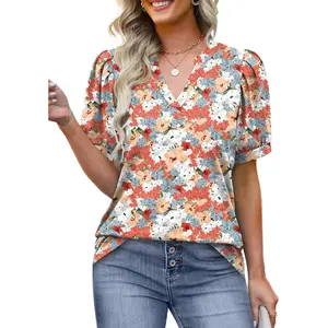 WIHOLL Women's Pleated Puff Sleeve Tops Summer V Neck Tunic Shirts Loose Curved Hem Blouses Dressy Casual S-3XL Fabric Fashion women's summer outfits plus size summer outfit