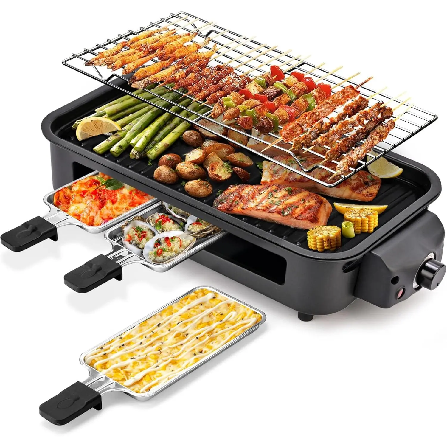1500W-1700W Smokeless Small 2-in-1 Kitchen Electric Cooker, 16x9 inch Rectangular Heatable Unit for Couple, Adjustable 374-446°F Temp, Grill/Fry/Cook, Removable Non-Stick Plate, Grill Net, Fat Blocking, Dishwasher Safe, Black for Healthy Meals, Family Fun