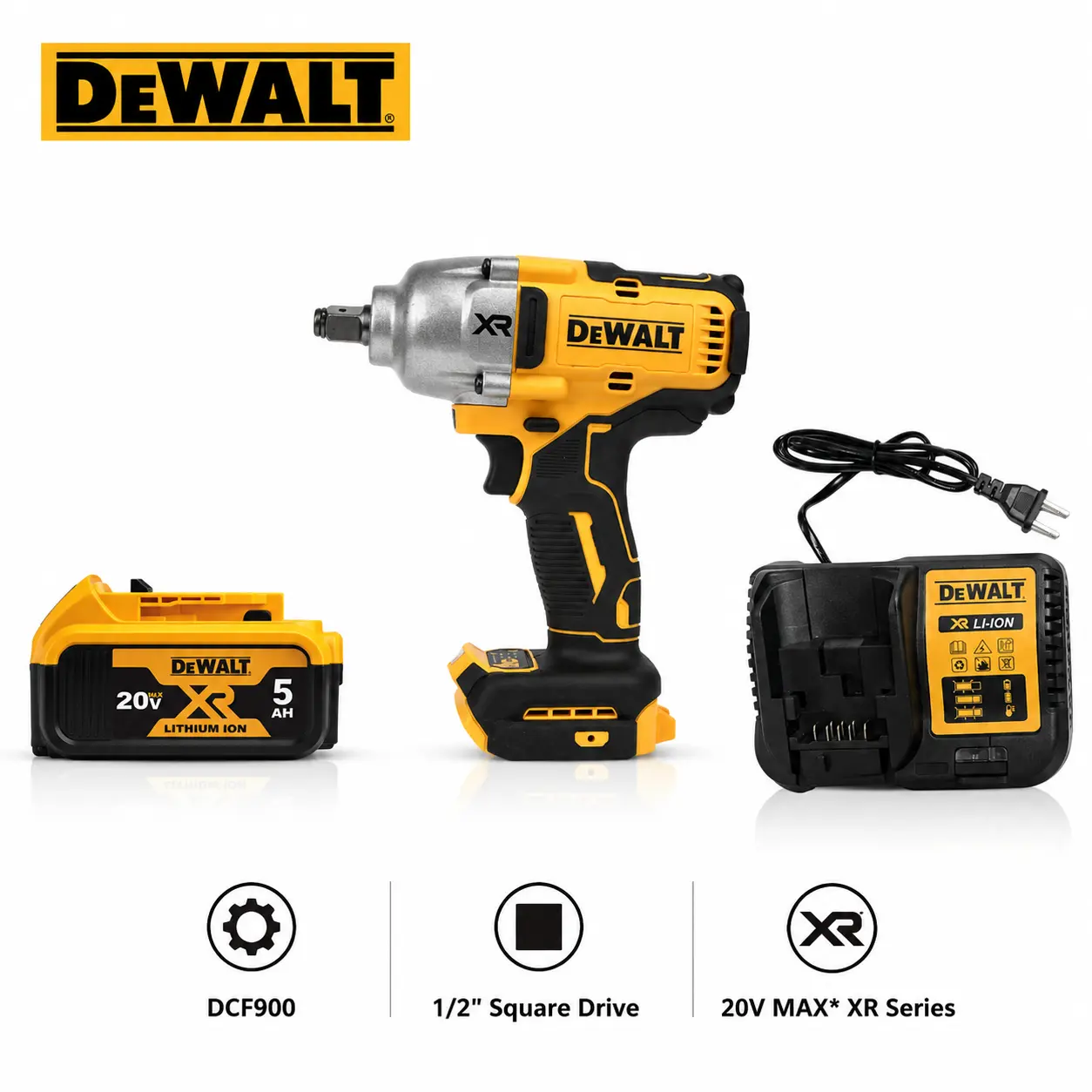 DEWALT DCF900 20V MAX 1/2 Inch High Torque Impact Wrench Kit with 5Ah Battery for Heavy Duty Truck Repair, Cordless Fastening Tool Features 1400 ft-lbs Breakaway Output Designed for Rusted Lug Nut Removal