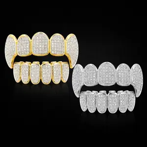 New Fit Silver Plated CZ Micro Pave Top & Bottom GRILL SET Rhodium Teeth Grills Vampire Tooth Grillz