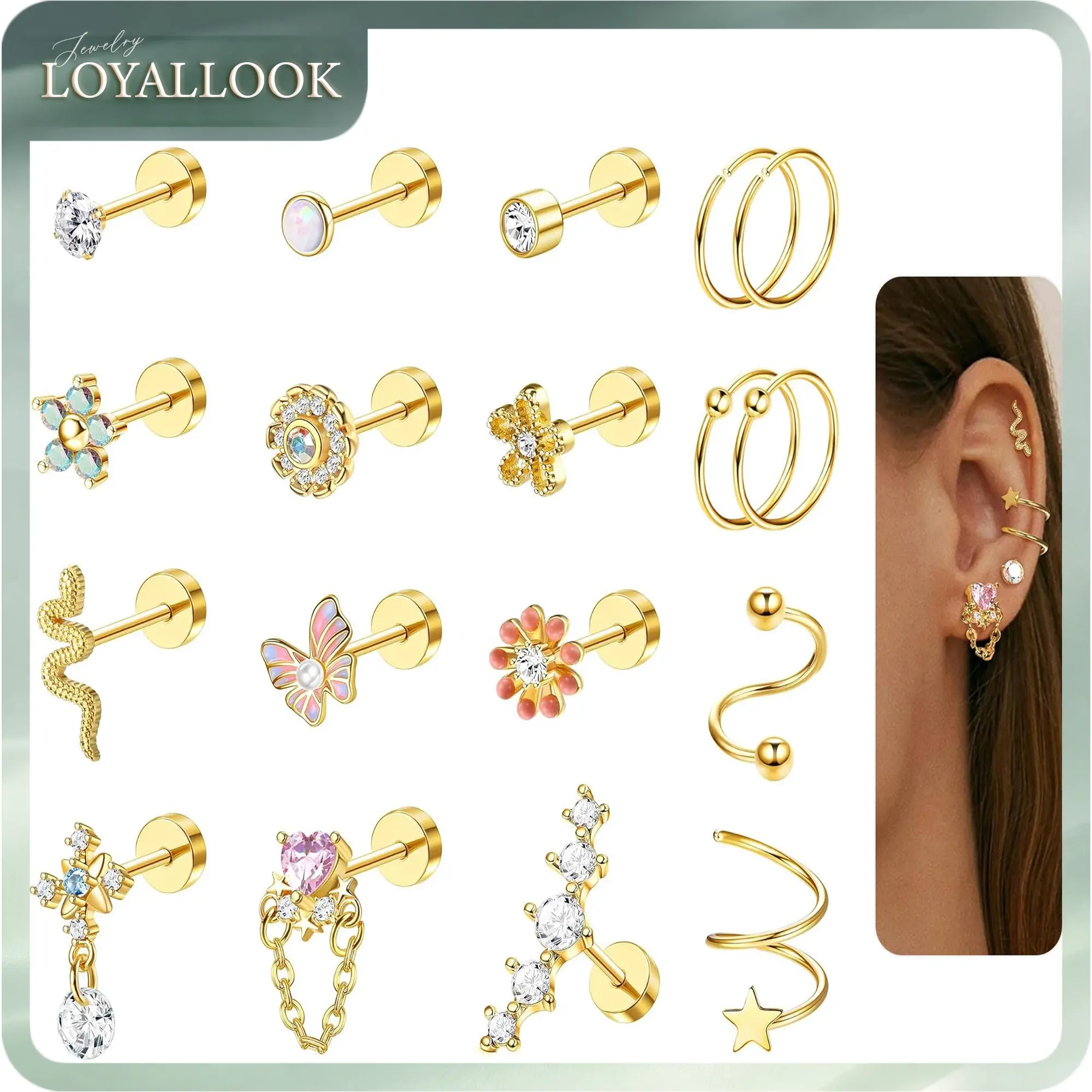 LOYALLOOK 18PCS Cartilage Earring Stud for Women Surgical Steel Flat Back Earrings Couch Hoop Piercing Opal Flower Sanke Helix Tragus Piercing CZ Cartilage Earring Piercing