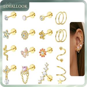 LOYALLOOK 18PCS Cartilage Earring Stud for Women Surgical Steel Flat Back Earrings Couch Hoop Piercing Opal Flower Sanke Helix Tragus Piercing CZ Cartilage Earring Piercing