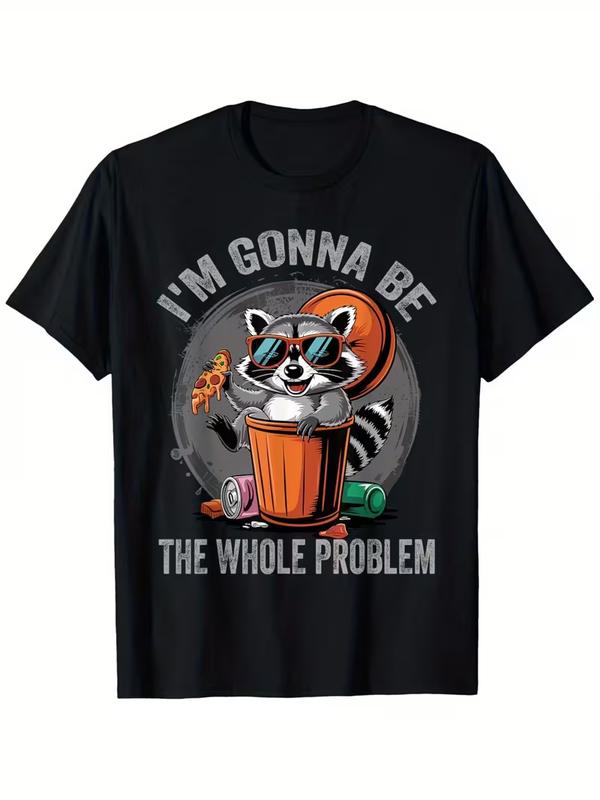 Men's Funny Quote Raccoon Print Short Sleeve T-Shirt - Casual Round Neck Top with Glasses Detail & Trash Can Design, Year-Round Novelty Gift for Men (Halloween, Christmas)