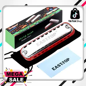 EAST TOP Junior Harmonica,Smoothly Rounded Edge 10 Holes C Key Blues Mouth Organ Harmonica for beginners as Gift,with Fabric Cloth Pouch,Colourful Box, Red