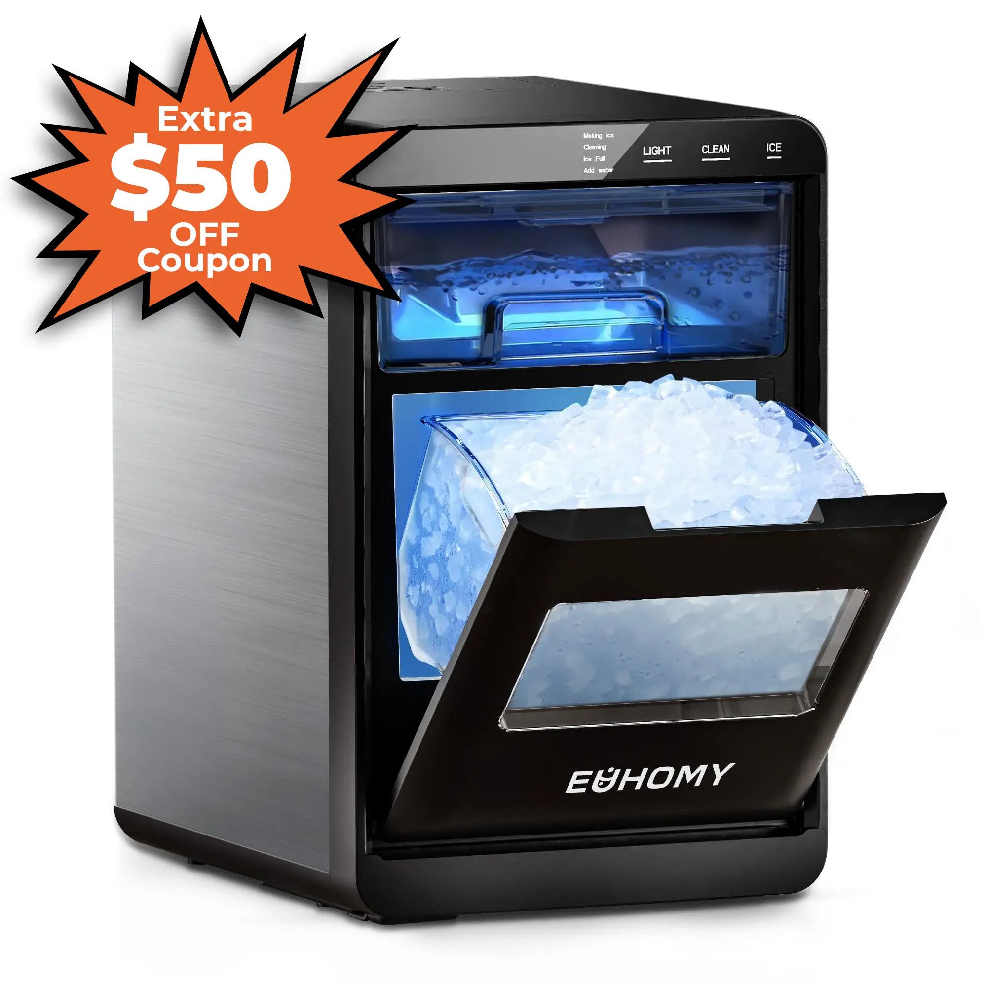 Euhomy【2025】Nugget Ice Maker Countertop, 44Lbs/24H Pebble Ice Maker Machine, Self-Cleaning Pellet Ice Machine with Ice Scoop&basket, Sonic Countertop