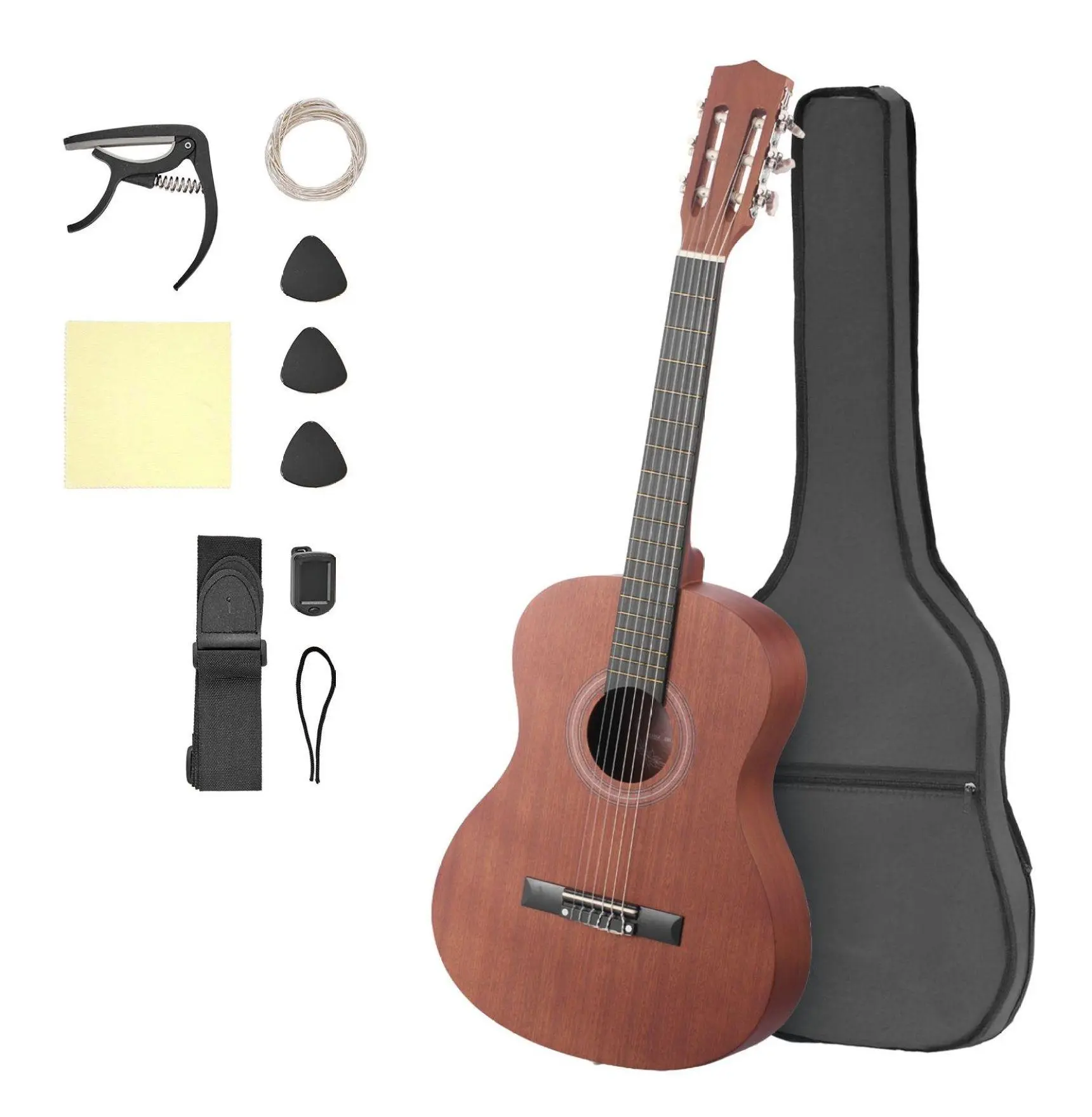 36 Inch Classical Guitar Beginner Kit - Wood Nylon String Guitar with Gig Bag, Tuner, Strap, Picks & Capo - Sapele Rosewood - for Kids, Teens & Adults Natural Color