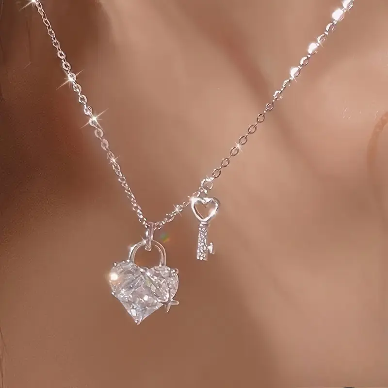 Unisex Heart Lock & Key Pendant Necklace - Elegant Stainless Steel Cubic Zirconia Chain Jewelry for Casual Wear