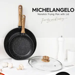 MICHELANGELO Non-Stick Marble Coating Fry Pan with Lid, Granite Frying Pan with Non stick Honeycomb Coating, Non-Toxic Fry Pan, Induction Compatible Cookware Black