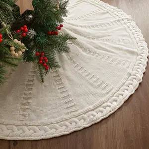 48 Inch Christmas Tree Skirt, 7.5 Foot Braided Knit Xmas Tree Skirt, Cream Vintage Country Farmhouse Decor