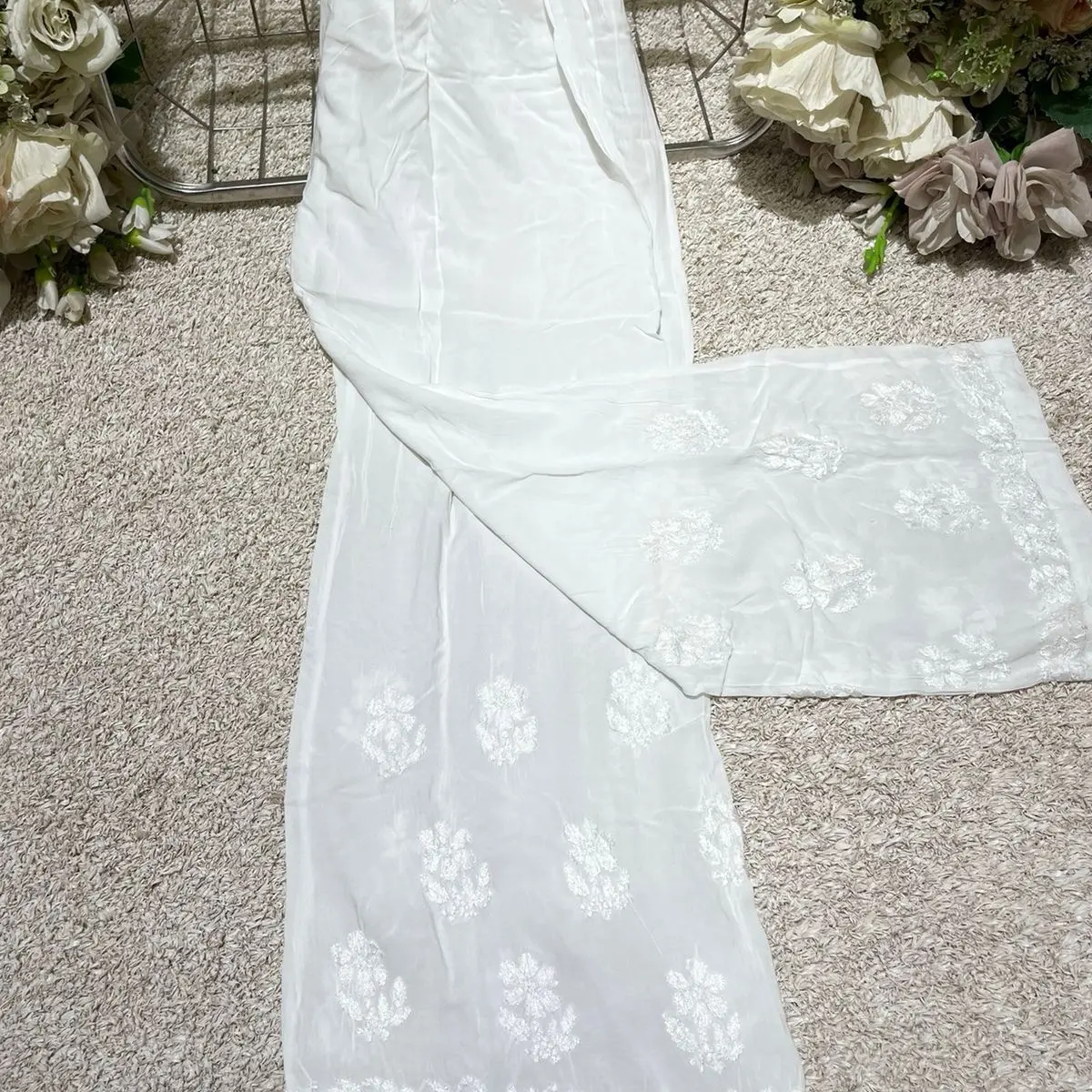 Women's Chikankari Plazo Pants Free Size Fits Up to 2XL with Top and Bottom Design - Womenswear
