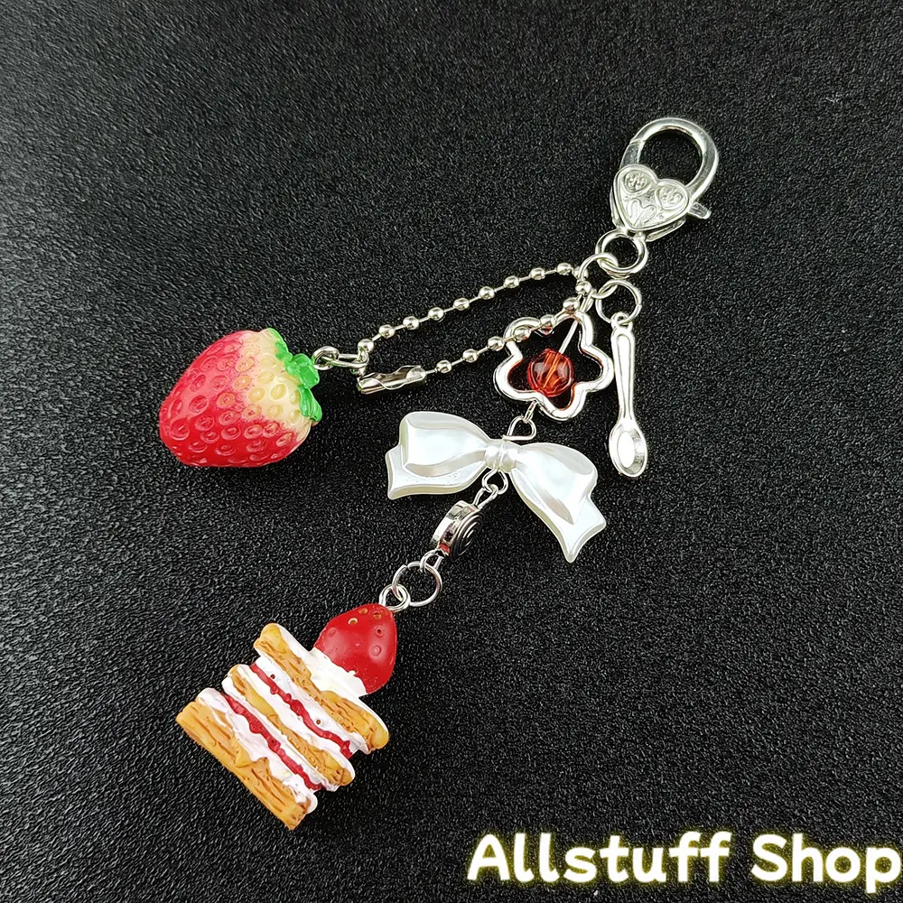 Cute Strawberry Cake Charm Keychain, Dainty DIY Bag Accessory for Women, Small Pendant Lanyard with Bow for Travel Decor, Bag Charm, Diy Decor, Luggage & Bags Use, Mobile Lanyard tiktokshopbacktoschool