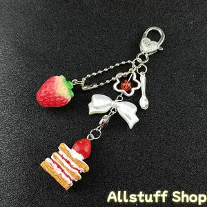 Cute Strawberry Cake Keychain For Women Creative Bow Heart Mobile Phone Lanyard Key Ring Bag Decoration Pendant Jewelry Gift