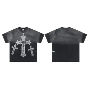 Vale Vintage Washed Streetwear Graphic Tee, Rhinestone Heat-Press & Embroidery Details, Cross Design, Breathable Cotton Oversized Baggy Short-Sleeve Top for Men, Y2K Hip Hop Streetwear, Graphic Tees