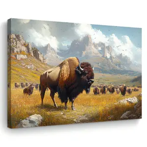 Room Decoration 1 Piece Buffalo Group Landscape Wall Art, Woven Canvas Print, 11.8x 15.7inch , Rustic Home and Office Decor, Bachelorette Party Gift, Wooden Frame