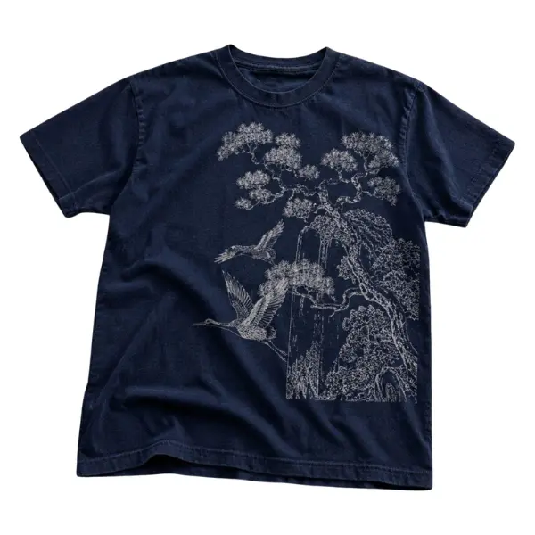 Unisex Vintage Japanese Landscape Graphic Cotton Crewneck Short-Sleeve T-Shirt - Crane and Bonsai Art Print, Nature Inspired Casual Summer Tee, Gift for Art Lovers
