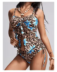 Women's Swimsuit Two Piece - Leopard & Floral Print Bathing Suit - Stylish Drawstring Bikini Set - Summer Beach Swimwear for Women - Adjustable Tie Front