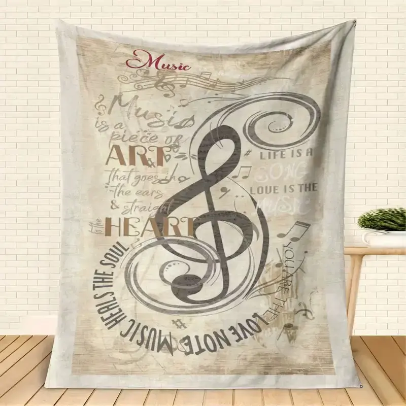 Ultra-Soft Vintage Music Note Flannel Throw Blanket - Plush, Lightweight, Portable Flannel Fabric Bedding for Couch Lounging, Whimsical Home & House Room Decor, Perfect Gift for Music Lovers