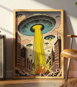 [Sale Off Up To 50%] [Unframe] Retro Sci-Fi Comic Print UFO Invasion, Vintage Pop Art Poster