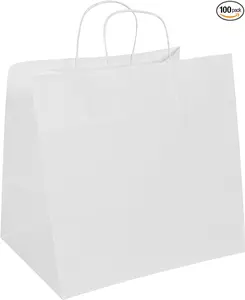 Restaurantware - Saving Nature 12.6 x 8.3 x 11.2 Inch Paper Shopping Bags, 100 Sturdy Bags With Handles - Durable, For Groceries, White Paper Retail Handle Bags, For Gifts