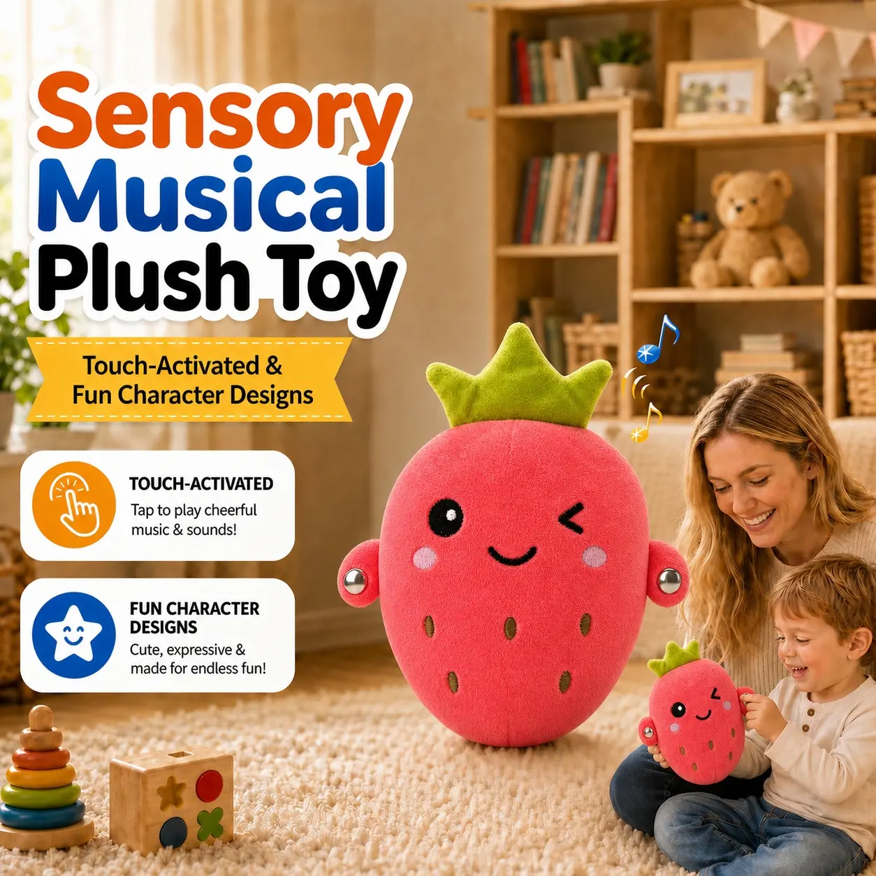 [BackToSchool] Vvinca Sensory Toys Musical Plush Toy, Interactive Dual Sensor Rhythm Toy with 3 Play Modes & Sound Effects, Birthday Gift for Toddler Boys Girls Kids Ages 3+, Banana Strawberry Carrot，Outdoor #tiktokshopsummersale