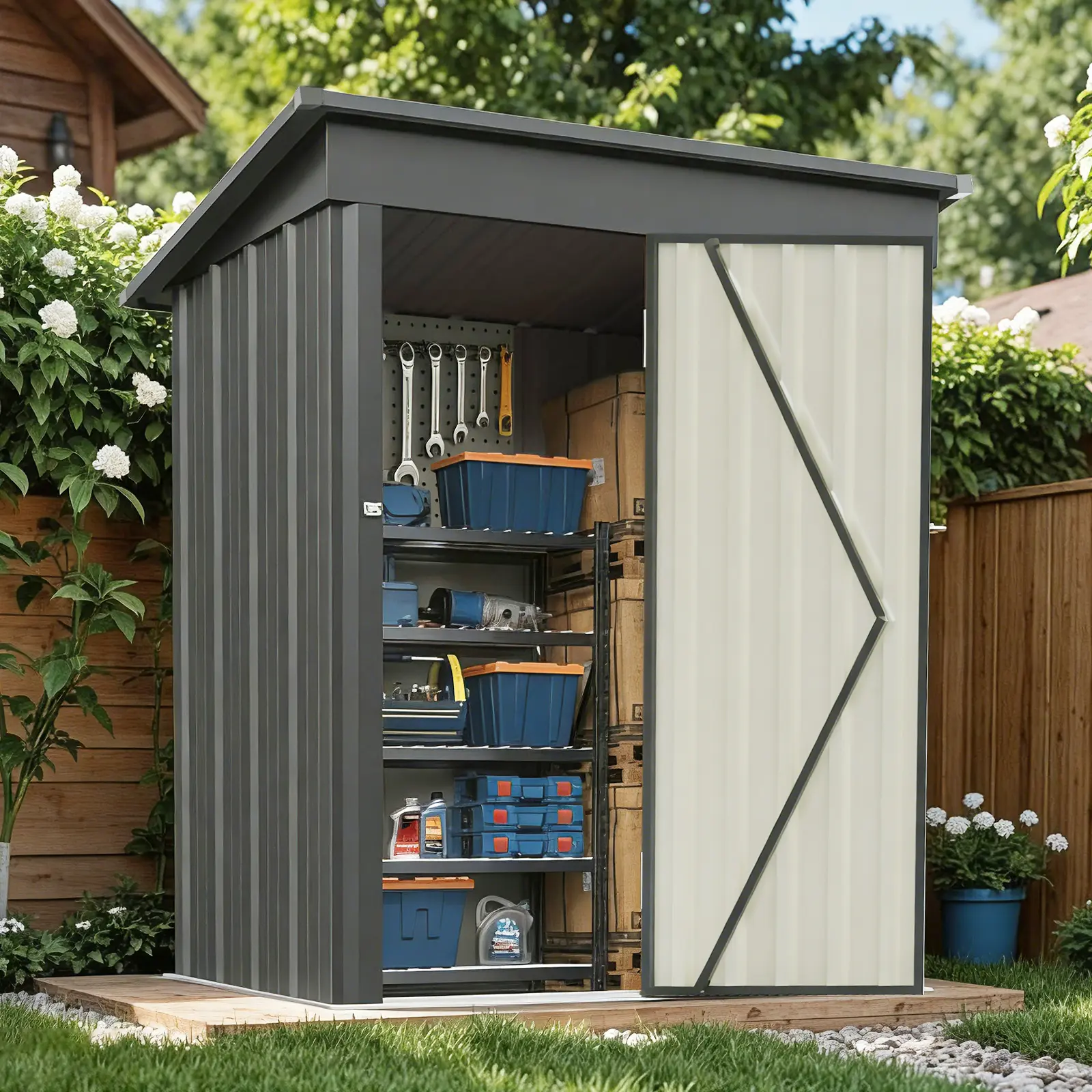 MNLR Outdoor Metal Storage Cabinet - Weather-Resistant Garden Tool Shed with Lockable Doors, Floor Base, Sloped Roof for Patio, Backyard