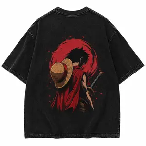 Viral Red Moon Anime Tee – Oversized Pirate Streetwear Shirt, Vintage Washed Manga Graphic T Shirt, Y2K Digital Print Baggy Tee siaht shirt