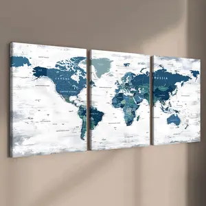 3 Count Wooden Frame Canvas, World Map Poster, Perfect Living Room Decoration, Fashion Family Poster, Modern Art, Hallway Mural, Apartment Dormitory Poster, High Definition, Waterproof, Art