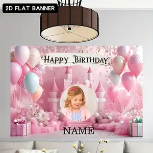 Pink Princess Castle 2D Flat Banner Personalized Customizable Birthday Party Banner with Vinyl Inkjet Printing Custom Photo and Name for Festive Atmosphere