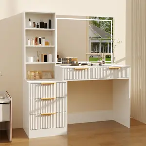 Natural & White Vanity Desk with LED Touch Mirror, 3-Color Dimmable Lights, Charging Station, 5 Drawers & Glass Top, Modern Bedroom Dressing Table Gift for Girls