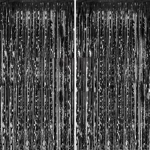 2 Packs 3ft x 8.3ft Black Metallic Tinsel Foil Fringe Curtains Photo Booth Props for Birthday Wedding Engagement Bridal Shower Baby Shower Bachelorette Holiday Celebration Party Decorations