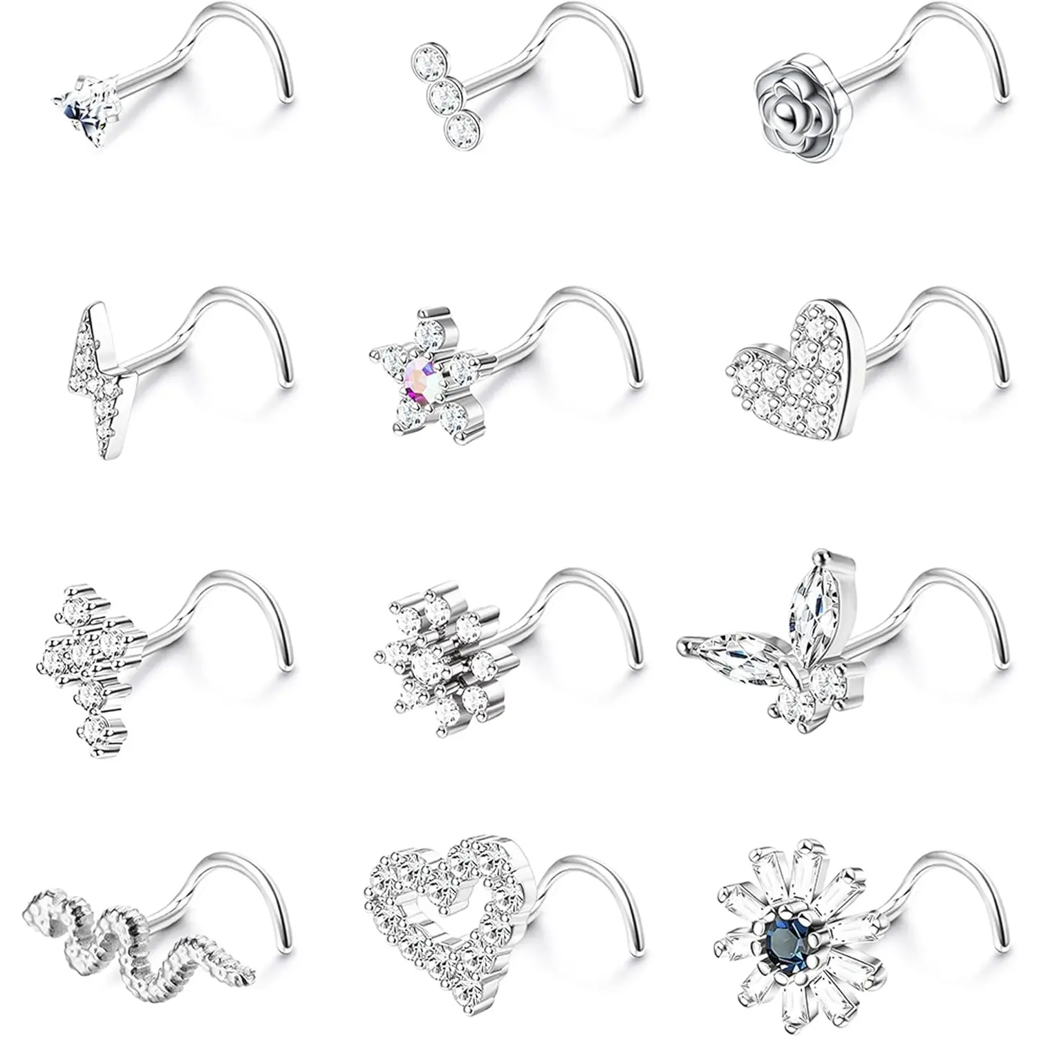 Milacolato 12-Piece Surgical Steel Body Jewelry Set, 20G L-Shaped Nose Studs for Women with Geometric & Heart Design