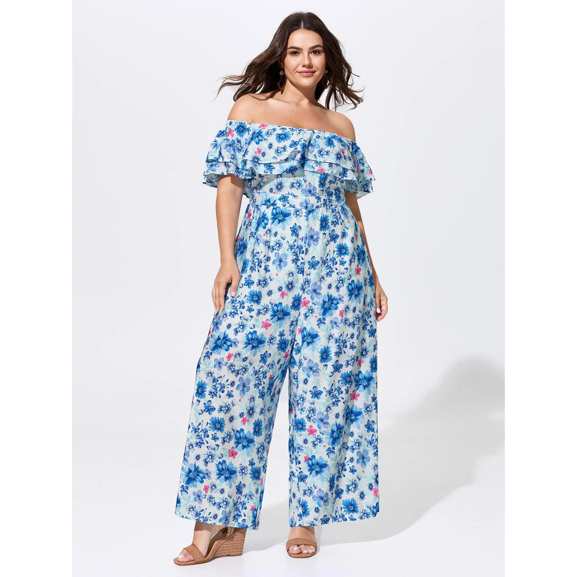BloomChic Plus Size Floral Romper, Smooth Off Shoulder Resort Garment with Ruffled Short Sleeves, Smocked Bodice & Pocket, Low Iron, Fit, Shortsleeve, Lady