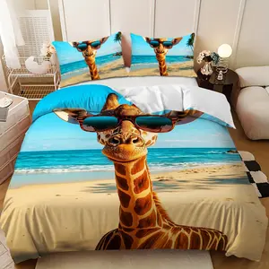 Bedding 3-piece set - 3PCS,Brown Giraffe Beach Sunglasses Design Down Comforter Set (1 comforter cover + 2 pillowcases, filling not included) - soft and comfortable, suitable for family bedrooms.