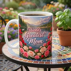 World's Greatest Mom Mug | Floral Lake Scene, Rose Wreath Design