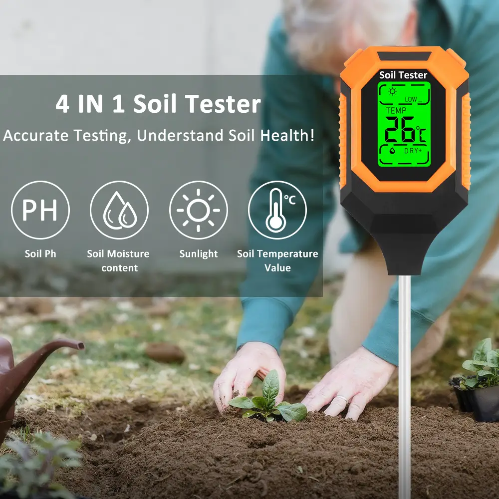 4-in-1 Soil Moisture Meter Digital PH Meter/Soil Moisture/Plant Temperature/Sunlight Intensity, Backlight LCD display, Soil Test Meter for Garden, Law