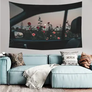 Car Window View Rose Garden Tapestry, Moody Sunset Floral Wall Hanging, Fall Aesthetic Room Decor