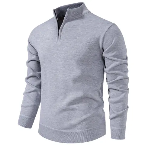 Men's Fall Winter Half-Zip Stand Collar Long Sleeve Fleece Fitted Pullover Sweater, Casual Plain Knit Top, Knitwear, Comfortable Versatile Clothing for Cold Weather