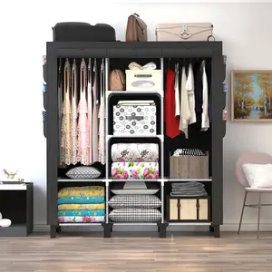 Portable Wardrobe Closet with 10 Storage Racks, 2 Hanging Poles, 6 Side Pockets Fleece Cover - Black Bedroom Clothes Storage Organizer, Size 130 x 45 x 172 cm